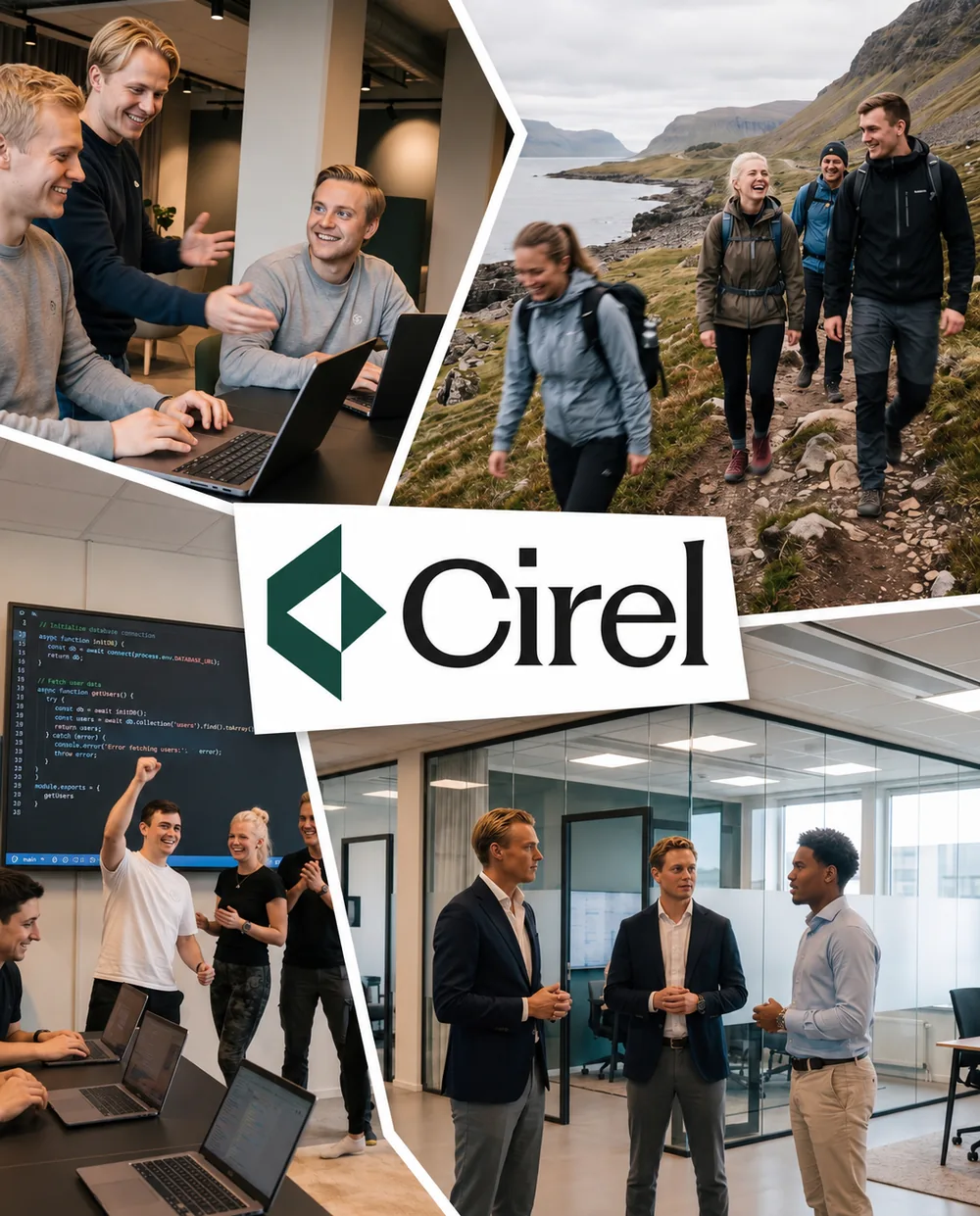 The Cirel team: at the desk, on the trail, and in the room with customers.